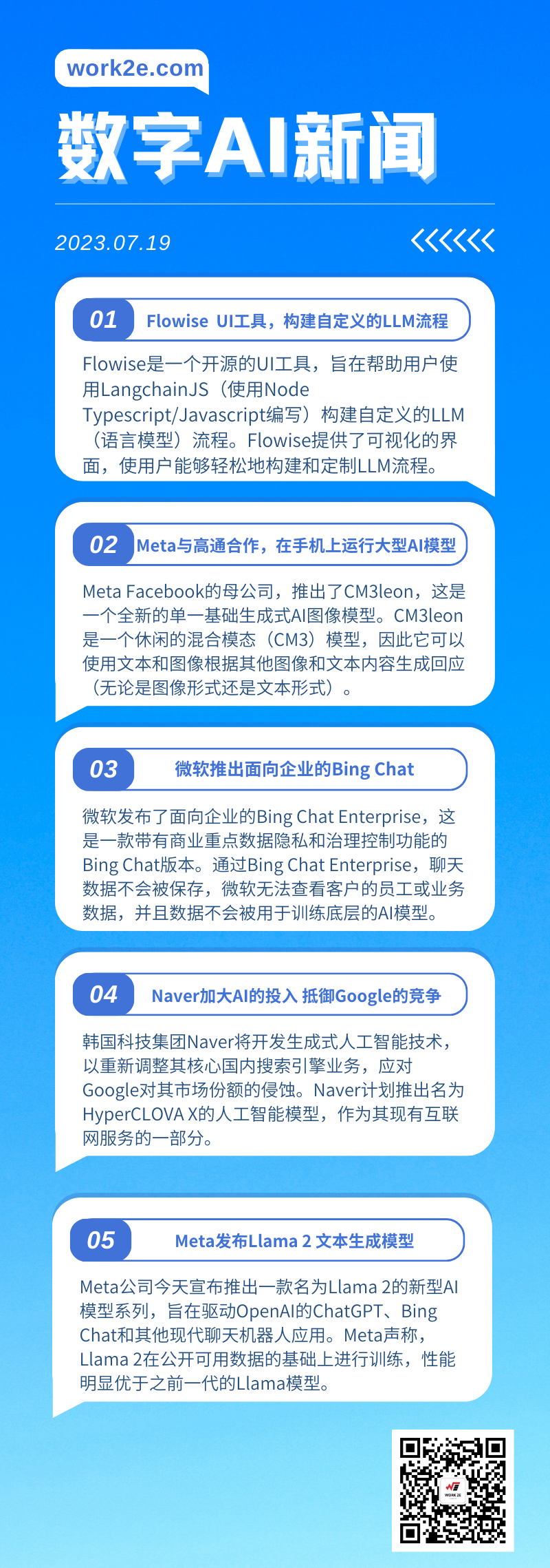 【07/19】work2e数字AI新闻-微软推出企业Bing Chat，Meta与高通合作手机上运行AI模型，Flowise开源UI工具构建LLM流程