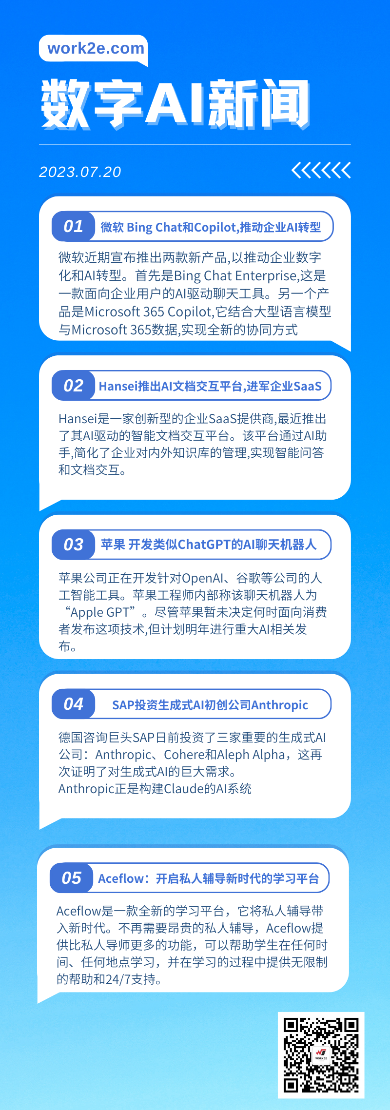 【07/20】work2e数字AI新闻-微软带来新款Bing Chat和Copilot，苹果开发类似ChatGPT的AI，Aceflow开启私人辅导学习平台