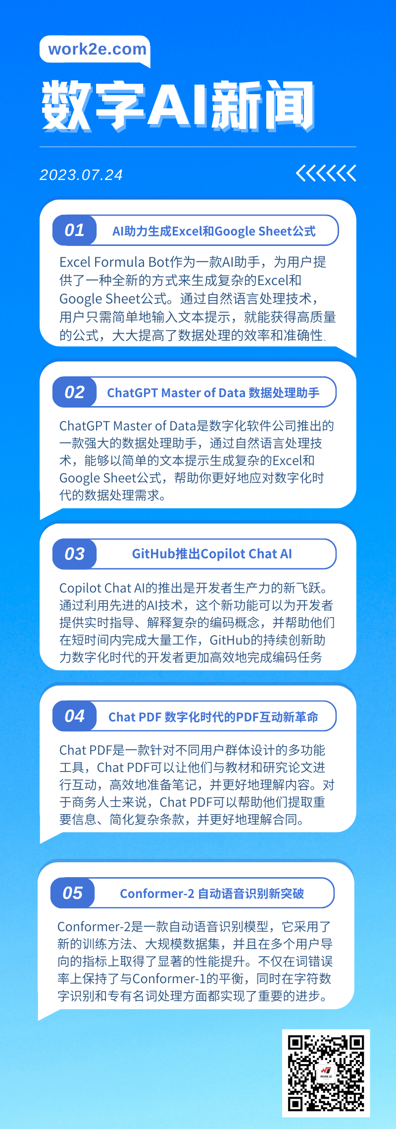 【07/24】work2e数字AI新闻-Conformer-2 自动语音识别，GitHub推出Copilot Chat AI，AI助力生成Excel和Google Sheet公式