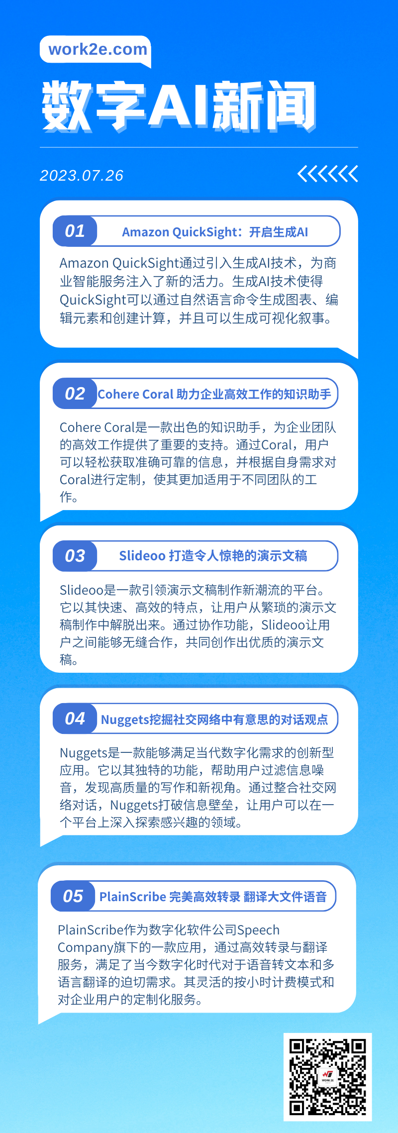 【07/26】work2e数字AI新闻-Amazon QuickSight 开启生成AI，PlainScribe完美高效转录大文件，Cohere Coral 助力企业团队高效工作的知识助手