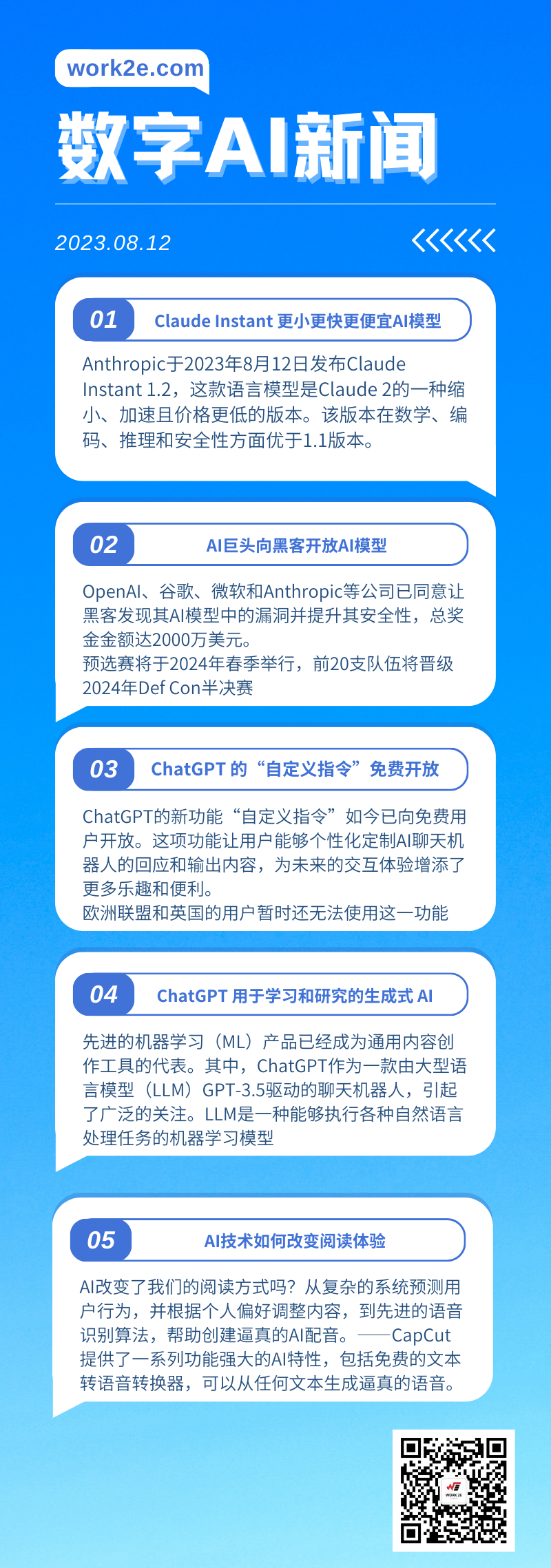 【08/12】work2e数字AI新闻-Claude Instant 1.2 更小更快更便宜AI模型，AI巨头向黑客开放AI模型，ChatGPT 的“自定义指令”免费开放