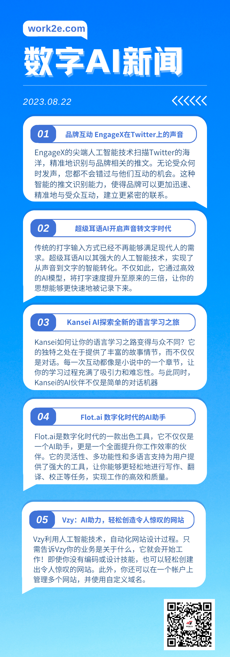 【08/22】work2e数字AI新闻-超级耳语AI开启声音转文字时代，Flot.ai 数字AI助手，Vzy AI助力创造网站