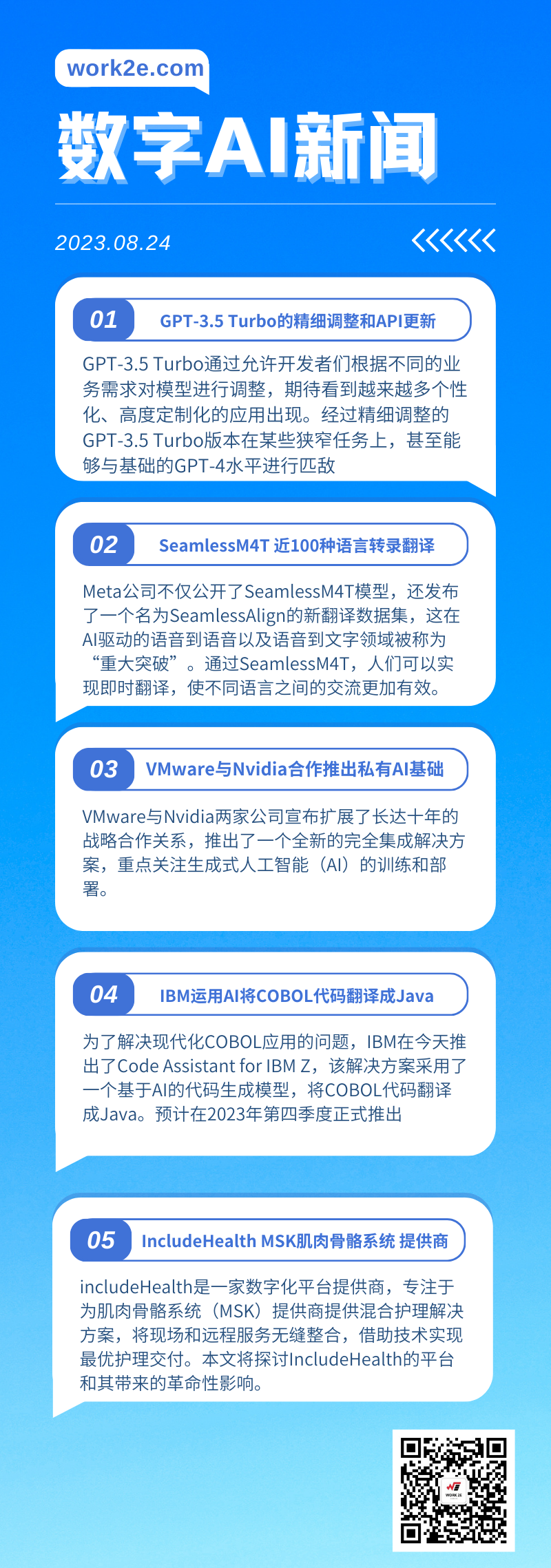 【08/24】work2e数字AI新闻-GPT-3.5 Turbo支持精细微调，Meta发布SeamlessM4T 近100种语言转录翻译，IBM运用AI将COBOL代码翻译成Java