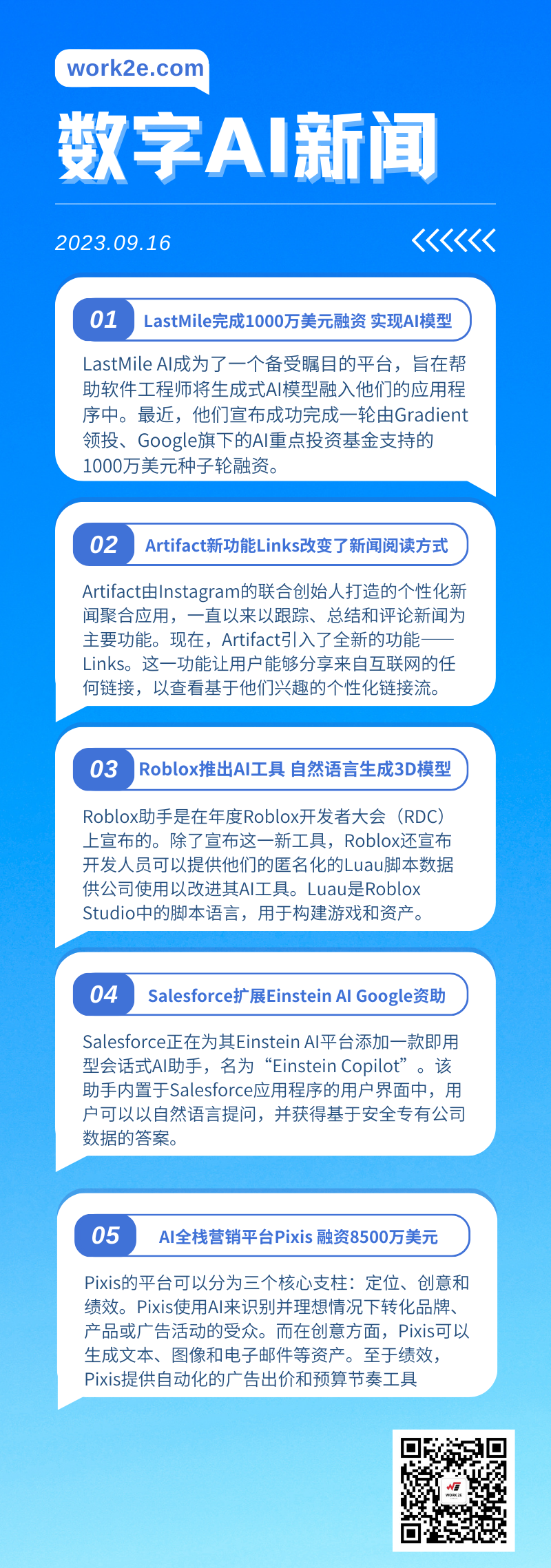 【09/16】work2e数字AI新闻-Artifact新功能Links新闻阅读方式，Roblox推出AI工具 自然语言生成3D模型，AI全栈营销平台Pixis融资8500万美元